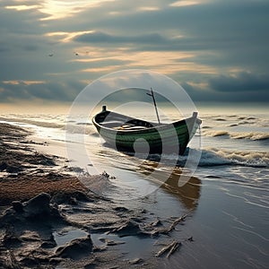 generate an image of a small boat navigating through a deserted sea devoid of any human activity