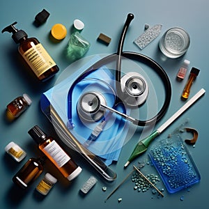 generate an image where a stethoscope disinfectant needle vaccine and mask are elegantly display