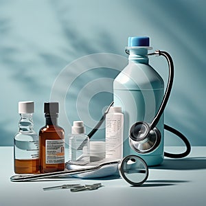 generate an image where a stethoscope disinfectant needle vaccine and mask are elegantly display