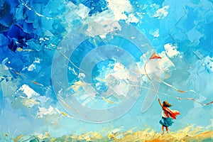 Generate a joyful and uplifting painting of a child flying a kite on a breezy summer day, with a backdrop of vibrant