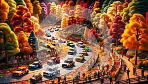 Generate a miniature car rally in a scenic forest setting with vibrant autumn colors