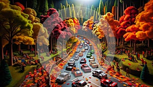 Generate a miniature car rally in a scenic forest setting with vibrant autumn colors