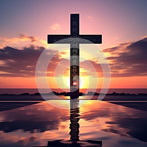 generate a sunset silhouette with a cross as the focal point in the background trending on artstation