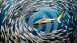 GenerateA predatory fish swims surrounded by sea fish. Big Shark hunts in the depths of the ocean. d image