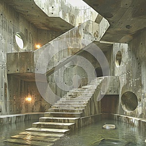 Generated Ai Art, Neo brutalism, dangerous huge underground place, unsecured, 3D Effects, chrome effect