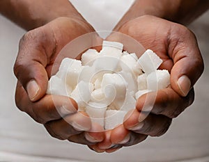 Cupped hands holding white sugar cubes