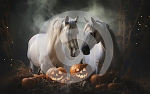 Generated by AI - the couple of two beautiful horses with halloween pumpkins