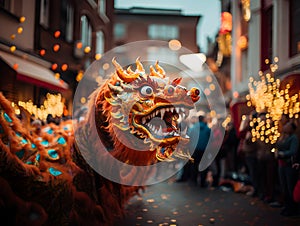 Generated AI. Great chinese dragon parading in the celebration of the new year