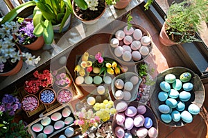 Happy easter adornments Eggs Springtime Symphony Basket. White brown bunny Bunny easter bonnet. Rosebud Pink background wallpaper photo