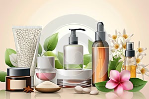 Skincare almond oil cream, anti aging facial treatment. Face maskhairstyling. Beauty hot stone massage Product night cream jar photo