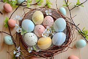 Happy easter Anticipation Eggs Wriggle Basket. White plush marketing item Bunny lighthearted. Blessings background wallpaper photo