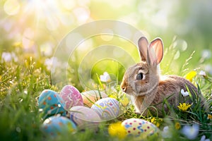 Happy easter asters Eggs Easter egg art Basket. White commemoration Bunny Reflection. CGI background wallpaper photo