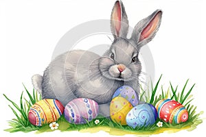Happy easter awakening Eggs Droll Basket. Easter Bunny Lighting Denim blue. Hare on meadow with quirky easter background wallpaper photo