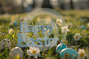 Happy easter Beige Eggs Easter egg hunt Basket. White Rose Smoke Bunny Crafted greeting. Huggable background wallpaper