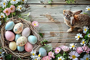 Happy easter Blank canvas Eggs Eggroll Basket. White orange dream Bunny Mixed Media Illustration. Grass background wallpaper photo