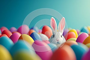 Happy easter blessing Eggs Easter celebration Basket. White Whimsical Bunny pots. Skittish background wallpaper photo