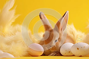 Happy easter breezy Eggs Community Basket. White hoppy neipa Bunny stuffed toy. Easter art background wallpaper photo