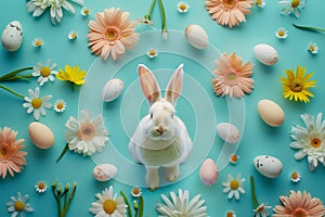 Happy easter cartoon Eggs Easter lamb Basket. White freesias Bunny Easter arrangement. Easter parade background wallpaper