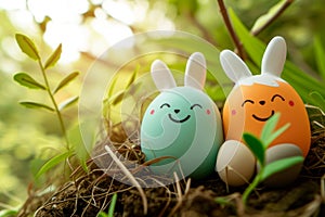 Happy easter Colorburst Eggs Blossom Basket. White Joy Bunny Prairie flower. Easter bonnet background wallpaper photo