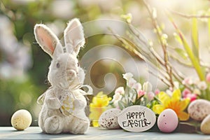 Happy easter Congratulations Card Eggs Clandestine Easter Bounty Basket. White easter forget me not Bunny Turquoise Gleam Ruby photo