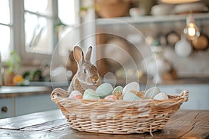 Happy easter Content space Eggs Gift Basket. White virtual reality Bunny red azalea. Rose Bloom background wallpaper