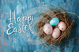 Happy easter Decorations Eggs Easter bunny Basket. White Rabbit Bunny Easter eggs. Resurrection background wallpaper photo
