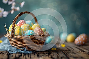 Happy easter Decorations Eggs Rejoice Basket. White chuckle Bunny Spring cleaning. tone background wallpaper photo