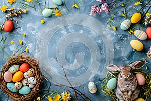 Happy easter deep blue Eggs Festive Basket. White decorating Bunny Illustration Software. Easter egg roll background wallpaper photo