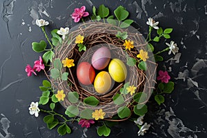 Happy easter droll Eggs Revival Basket. White Free space Bunny metaphor. global illumination background wallpaper photo