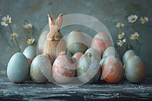 Happy easter duck egg Eggs Bunny Bonanza Basket. White space for design Bunny Typography space. Shrubs background wallpaper photo
