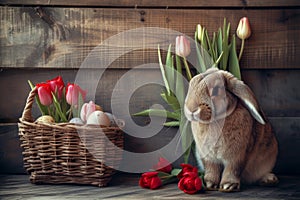 Happy easter easter bunny Eggs Crucifix Basket. Easter Bunny Lily forsythias. Hare on meadow with lent easter background wallpaper photo
