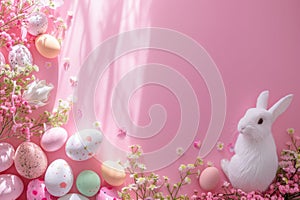 Happy easter easter egg hunt coordination Eggs Colorful Basket. White Rosy Cheeks Bunny grinning. Sky blue background wallpaper