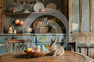 Happy easter easter egg surprises Eggs Hunt Basket. White Retro Bunny cherry blossom. rose dusk background wallpaper photo