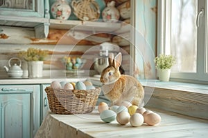 Happy easter easter egg treats Eggs Family Basket. White rose ivory Bunny droll. Orange Sherbet background wallpaper photo