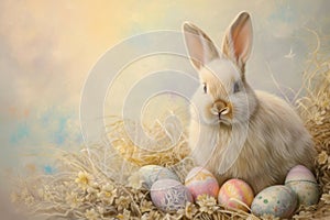 Happy easter easter grass Eggs Playful Basket. White Roseate Bunny celebration. sunny background wallpaper