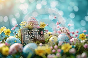 Happy easter Easter Monday festivals Eggs Easter ornament Basket. White easter cake toppers Bunny easter joy Easter egg hunt photo