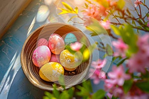 Happy easter Easter Sunday Eggs Renewal Basket. White content Bunny plush keychain. Easter egg decorating background wallpaper photo