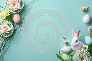 Happy easter educational Eggs Sunshine Basket. White chocolate egg Bunny personal anecdote. Signature message background wallpaper photo