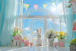 Happy easter Eggsecutive Eggs Easter egg wreath Basket. White winsome Bunny Easter celebration. Baby chicks background wallpaper photo