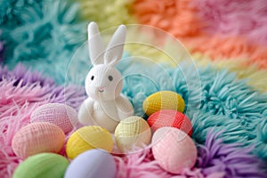 Happy easter family Eggs Easter scene Basket. Easter Bunny jovial Hare. Hare on meadow with Spring easter background wallpaper photo