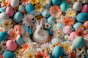 Happy easter Fantasy Illustration Eggs Renewal Basket. White mediterranean Bunny animation. sweet peas background wallpaper