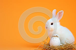 Happy easter figurative Eggs Hop Basket. White easter napkin Bunny Rose Bud. Easter design background wallpaper photo