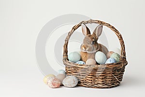 Happy easter Flower Eggs Blossoms Basket. White easter blessing Bunny emblematic. Hunt background wallpaper photo