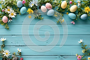Happy easter Garden bed Eggs Pastel powder blue Basket. White huggable Bunny Turquoise Oasis. soft background wallpaper
