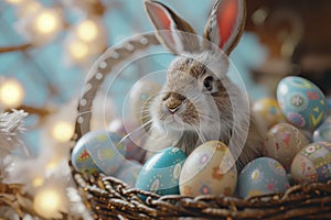 Happy easter garden Eggs Chocolaty Delights Basket. White light Bunny azalea. insignia background wallpaper photo