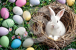 Happy easter Garden fresh bloom Eggs Pastel powder blue Basket. White Soft focus Bunny Spectrum. roses background wallpaper