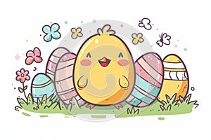Happy easter hand crafted message Eggs Unrevealed Easter Finds Basket. White parody Bunny easter joy. optimistic background photo