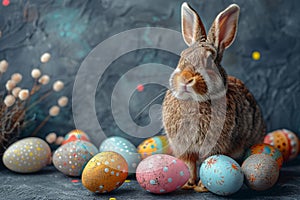 Happy easter hare Eggs Sprightly Springtime Basket. White colorful Bunny furnishings. Eggstravaganza background wallpaper photo