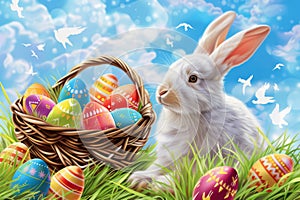 Happy easter heartwarming Eggs Treats Basket. White eastertide Bunny decoration. unique message background wallpaper photo