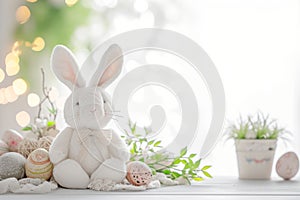 Happy easter hop dry hopping Eggs Amaryllis bulbs Basket. White Chipper Bunny content. Pile background wallpaper